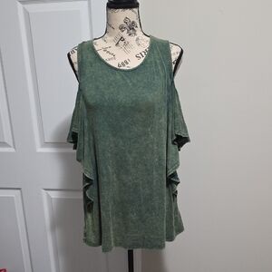 L love Cold Shoulder Ruffle Sleeve Shirt Top Acid Washed Green Sz Small